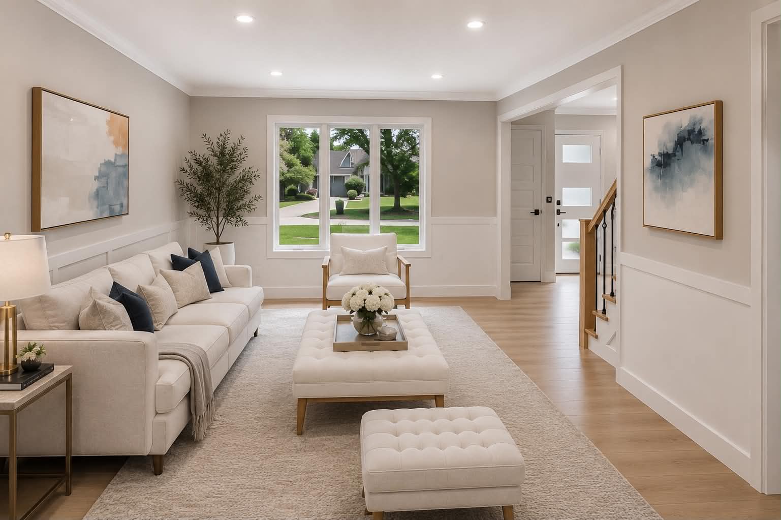 Renovated formal living room with vaulted ceiling
