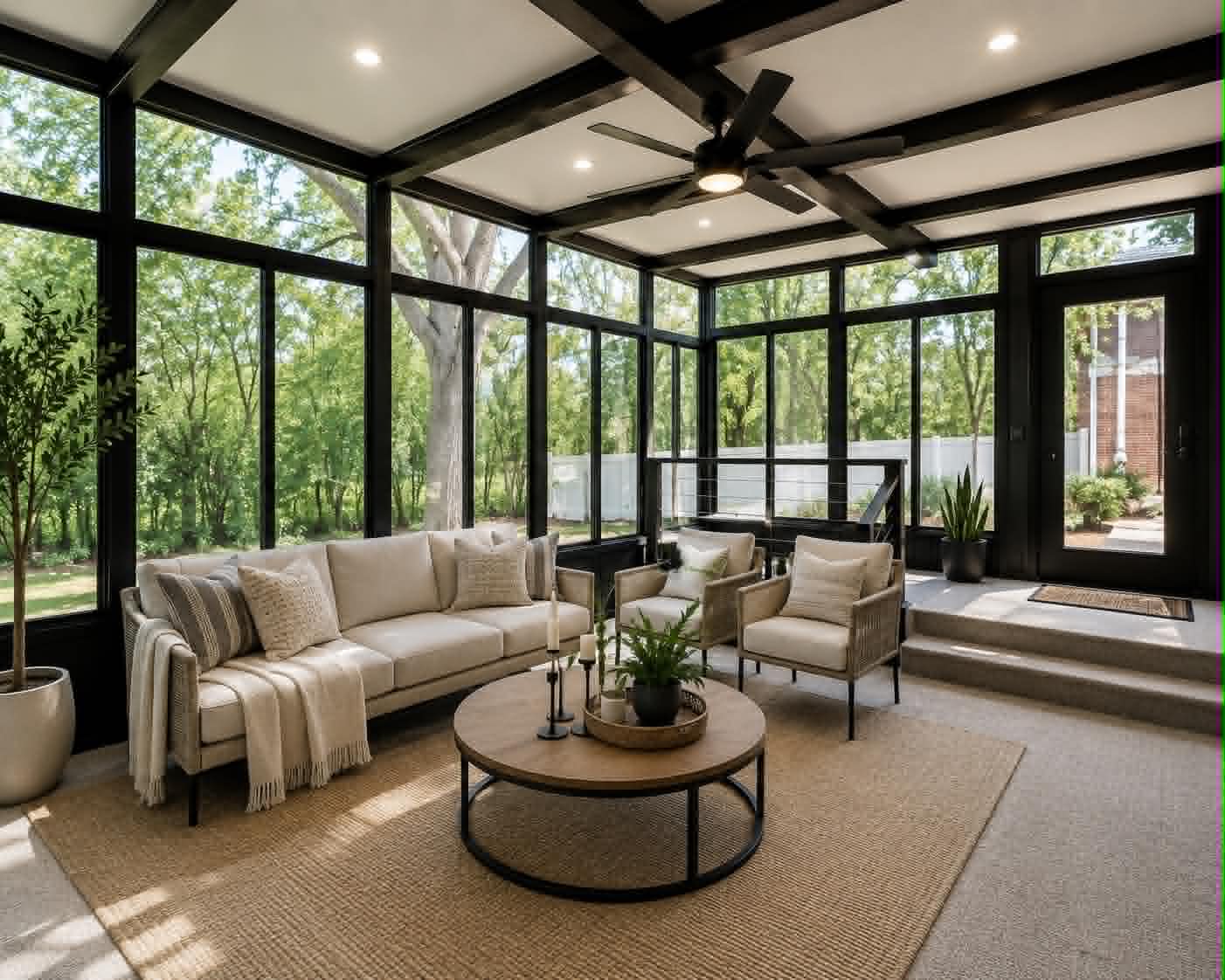 Renovated sunroom with floor-to-ceiling windows