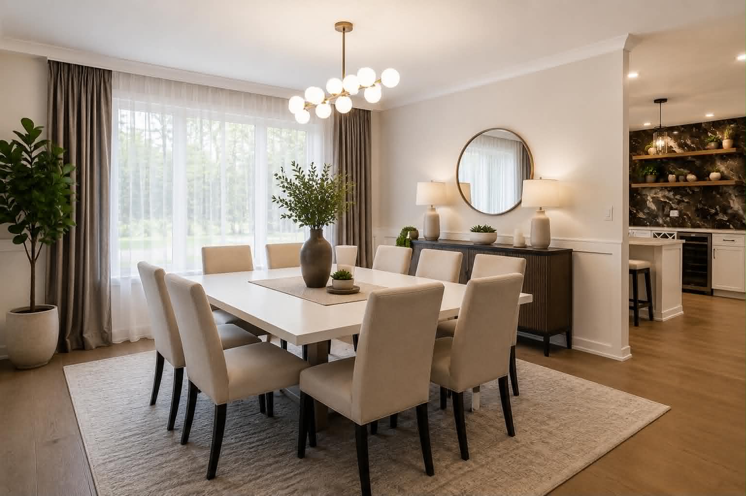 Renovated open dining area with chandelier