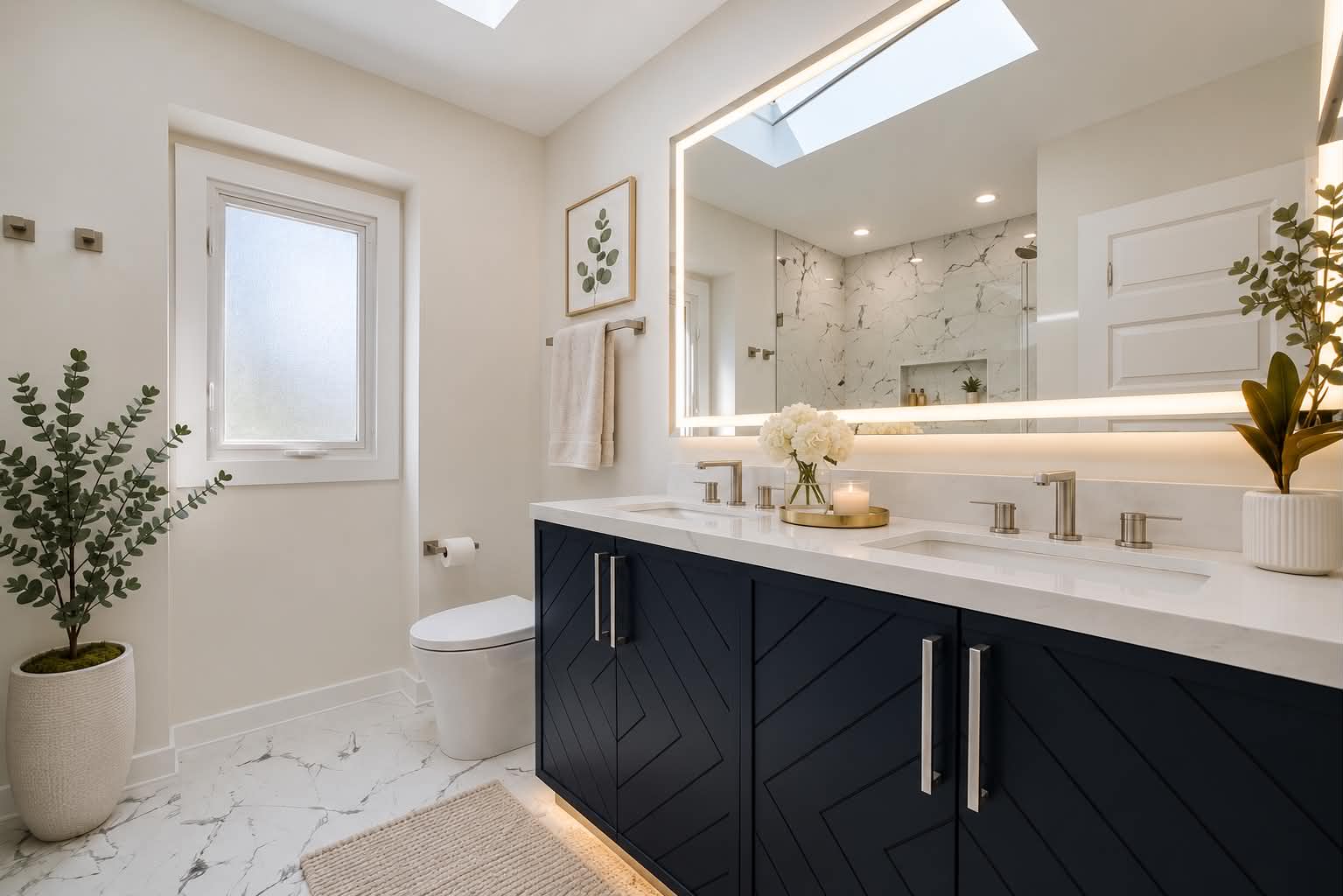 Renovated bathroom with navy double vanity and marble tile