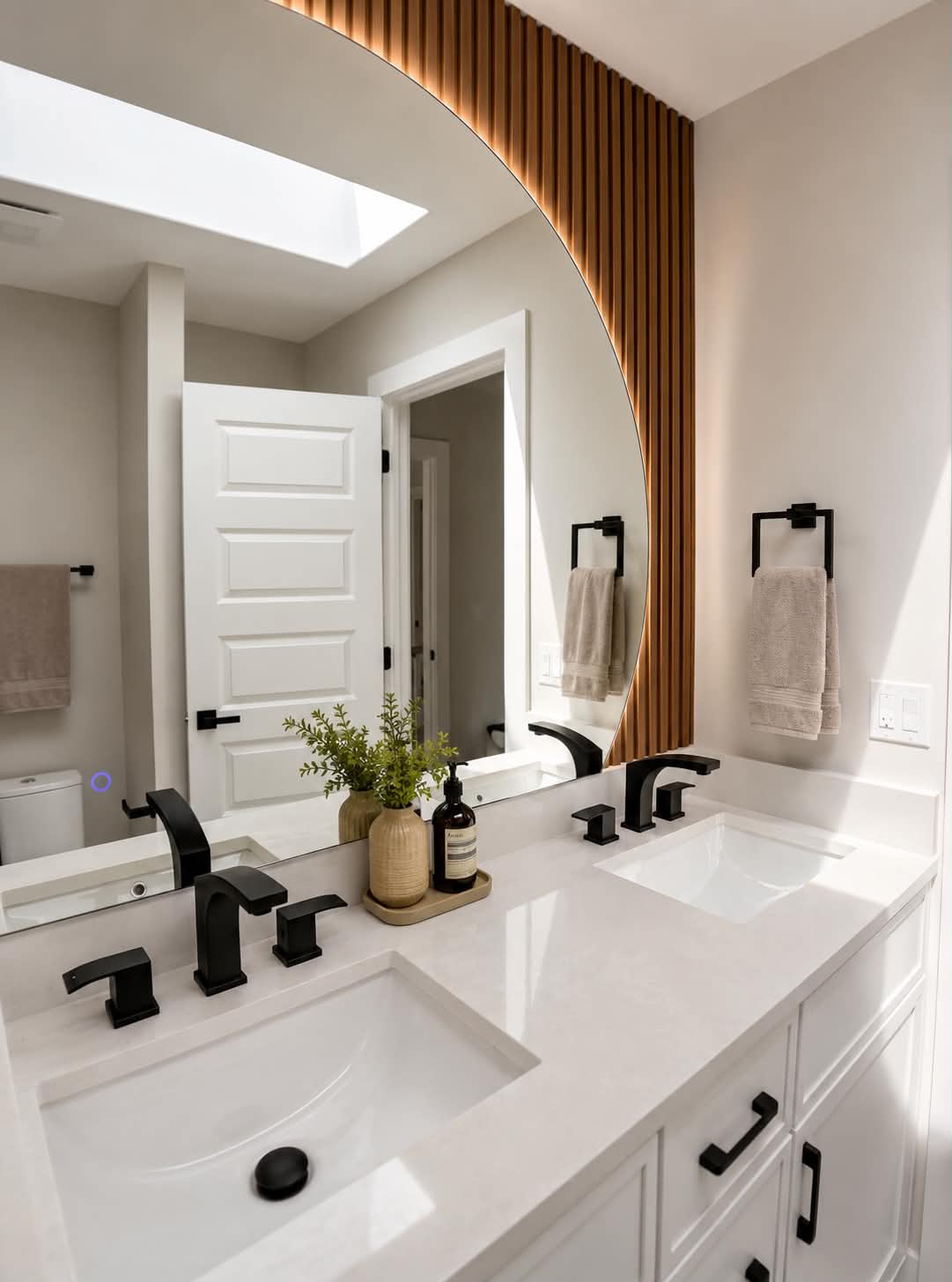 Renovated bathroom with round mirror and wood slat wall
